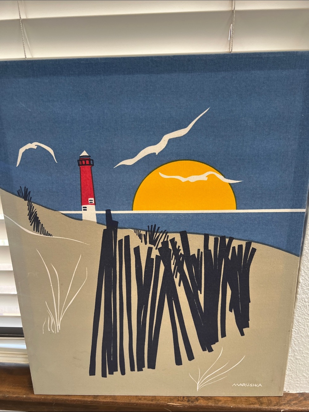 🔥rare 70’s Vintage Marushka Blue & Yellow Lighthouse Canvas 16x20 Wall Art